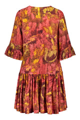 Reidar linen mini frill dress in red color scheme. Back picture of the product. Hálo x Reidar Särestöniemi EXCLUSIVE