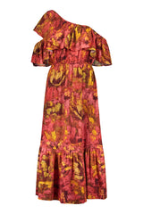 Reidar linen frill dress in red color scheme. Front picture of the product. Hálo x Reidar Särestöniemi EXCLUSIVE
