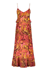 Reidar linen maxi slip dress in red color scheme. Back picture of the product. Hálo x Reidar Särestöniemi EXCLUSIVE