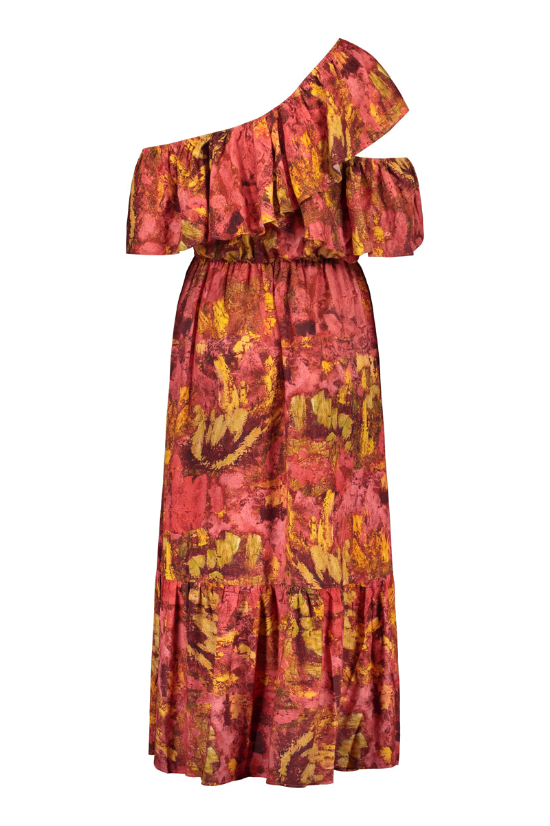 Reidar linen frill dress in red color scheme. Back picture of the product. Hálo x Reidar Särestöniemi EXCLUSIVE