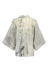Reidar linen kimono jacket in black and white without belt. Back picture of the product. Hálo x Reidar Särestöniemi EXCLUSIVE