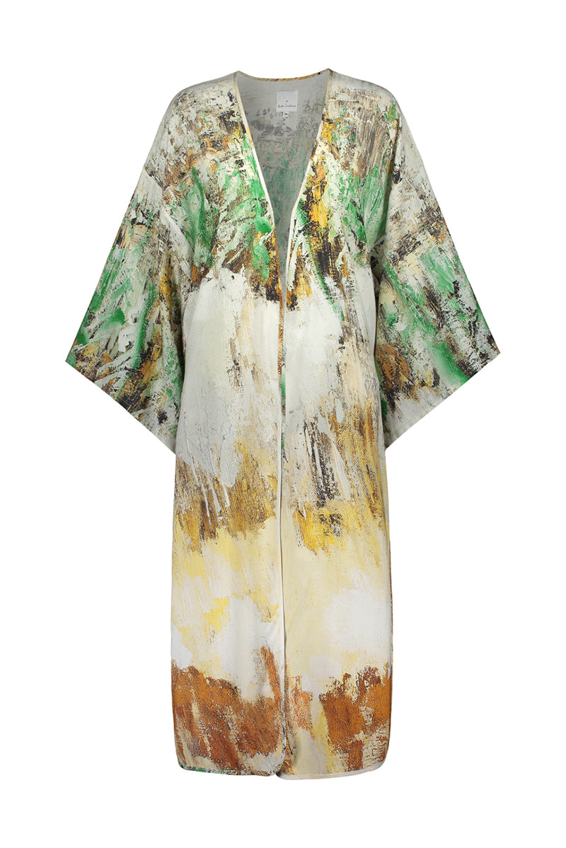 Reidar prairie knotted kimono in earthy tones left open. Front picture of the product. Hálo x Reidar Särestöniemi EXCLUSIVE