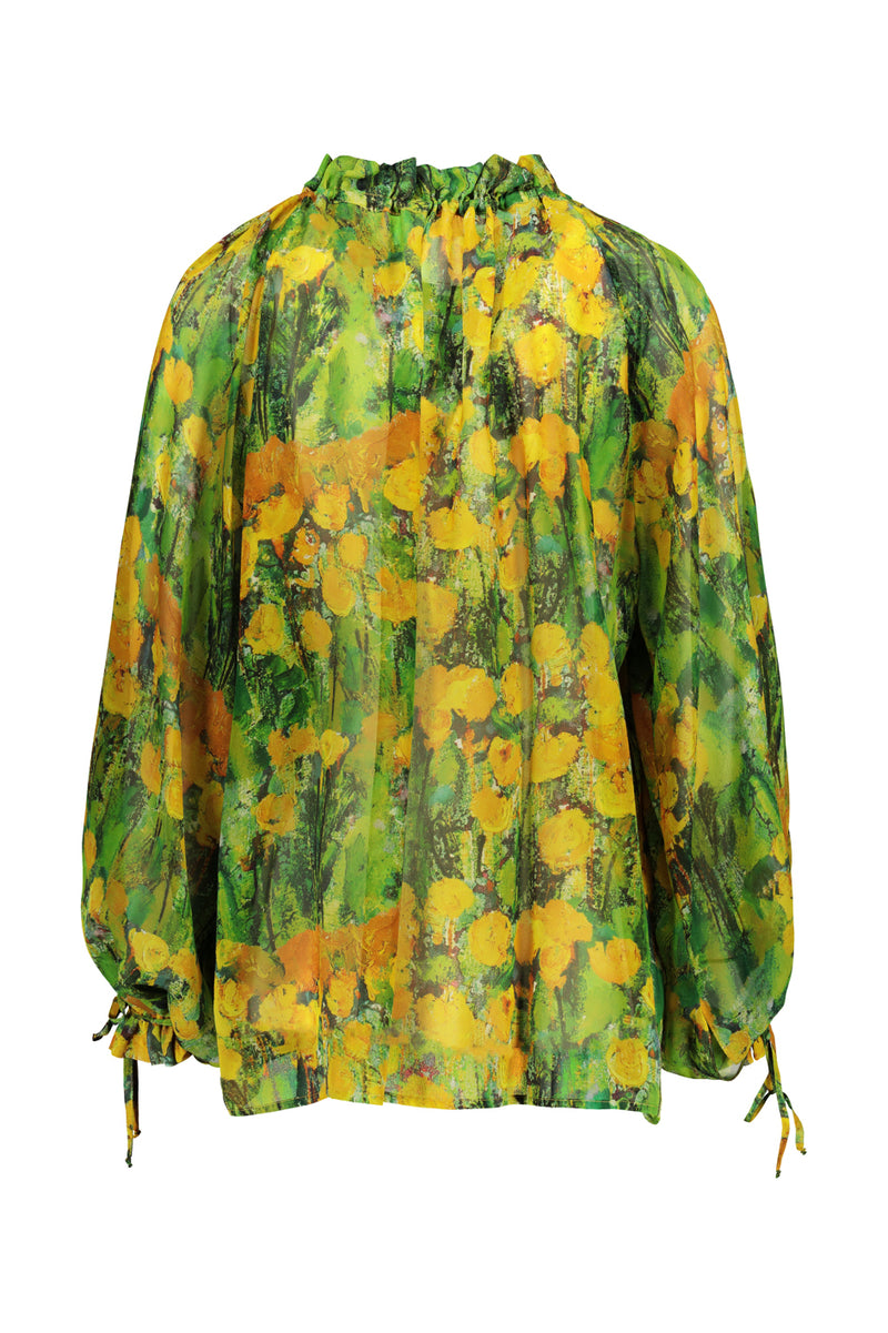 Reidar silk chiffon blouse in green and yellow. Back picture of the product. Hálo x Reidar Särestöniemi EXCLUSIVE