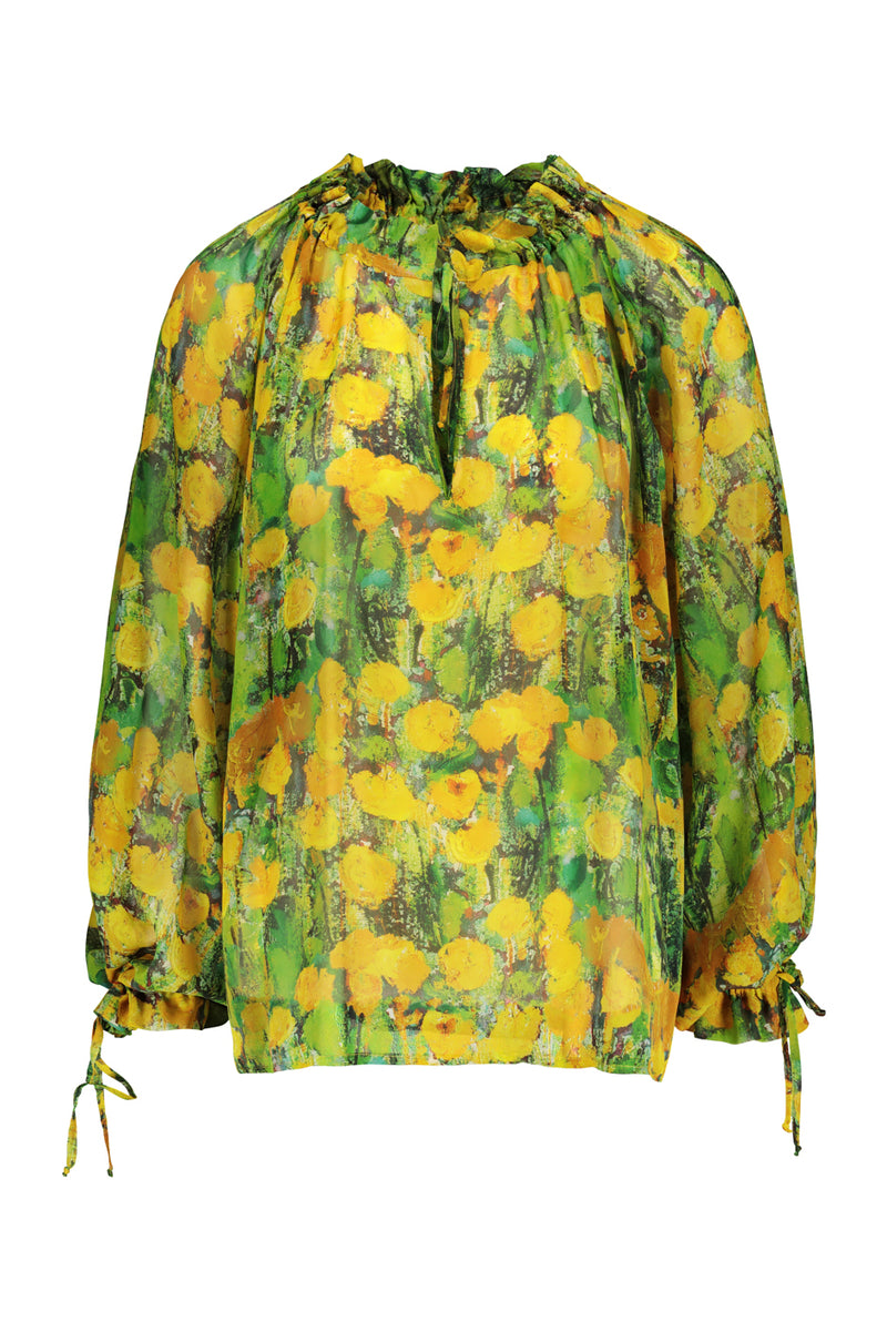 Reidar silk chiffon blouse in green and yellow. Front picture of the product. Hálo x Reidar Särestöniemi EXCLUSIVE