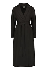 Tundra woolen coat in black with belt. Front picture of the product. Hálo from north